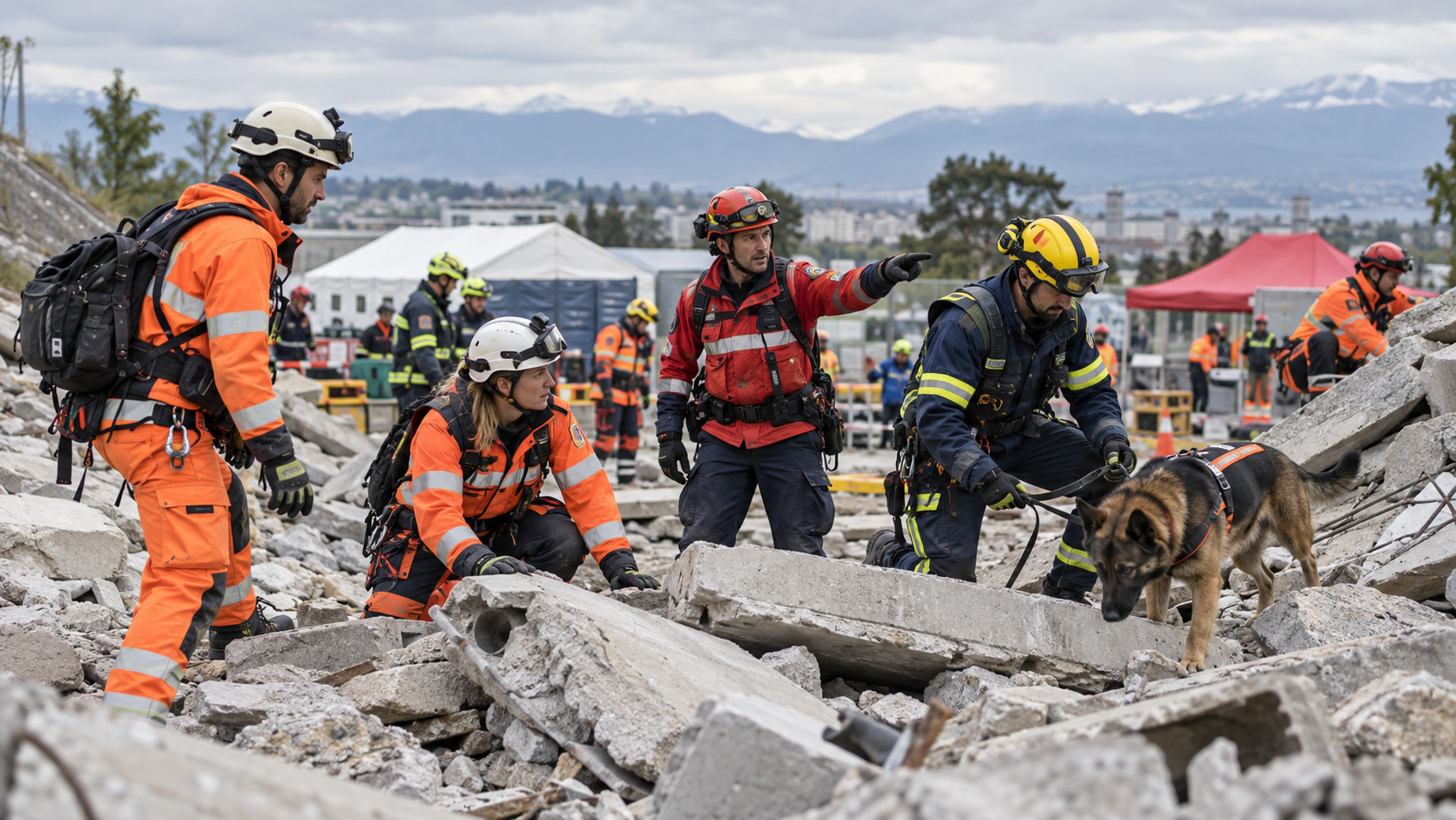 Internationale Rettungsteams bei einer Erdbebenübung in der Westschweiz