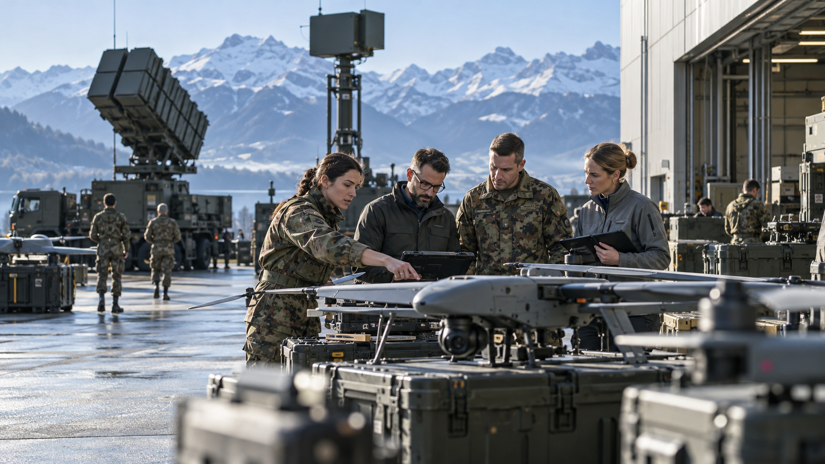 Fachkräfte arbeiten in einer Schweizer Militäranlage an Drohnen- und Luftabwehrtechnik